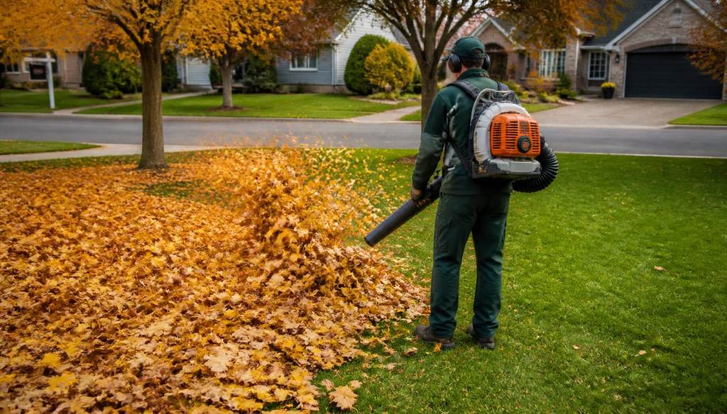 Ottawa residential property in autumn with colourful foliage and leaves being professionally cleared from the lawn